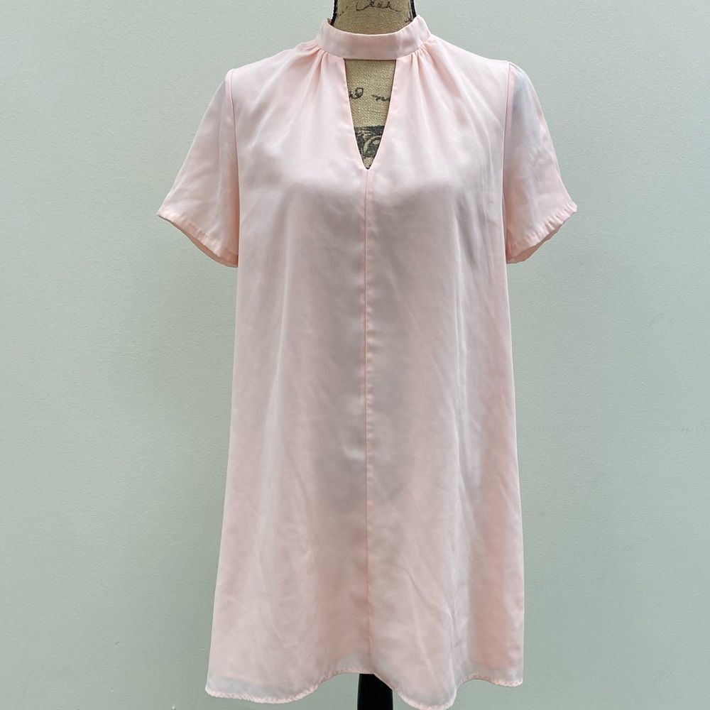 LE‎ kate pastel pink flare semi sheer cutout high neck midi dress